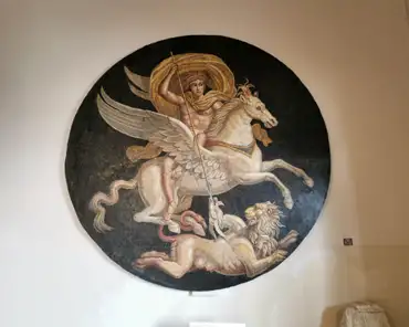 IMG_20210523_171213 Mosaic of Bellérophon, riding Pegasus, slaying the chimera, 2nd century, heavily restored.