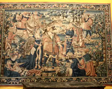 IMG_4077 Tapestry of the prodigal son, from Tournai, Belgium, early 16th century. The prodigal son is dancing (foreground) and hunting dears (background).