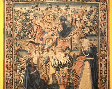 IMG_4083 Tapestry of the prodigal son, from Tournai, Belgium, early 16th century. The prodigal son has to work after he has dilapidated all of his money and starvation...
