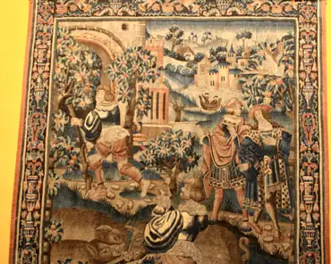 IMG_4086 Tapestry of the prodigal son, from Tournai, Belgium, early 16th century. The prodigal son as a swineherd. Upper right: he decides to go back home.