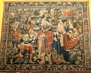 IMG_4089 Tapestry of the prodigal son, from Tournai, Belgium, early 16th century. Back home, his father forgives him his behavior and offers him a ring.
