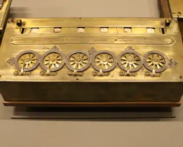 IMG_6258 Pascals's calculator: Blaise Pascal invented this device aged 19. It could perform additions and subtractions, with an automated carry. This 1642 device is...