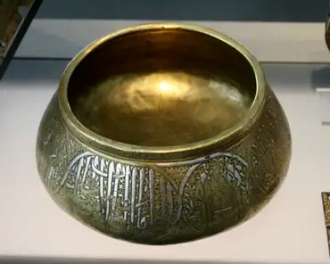 IMG_4074 Basin with sultan's title, Iran, Fars, mid-14th century. Brass with gold and silver inlays.