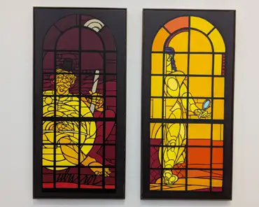 PXL_20240218_144111461 Valerio Adami, paintings depicting stained glass windows ordered by the city of Vitry-sur-Sein for the new city hall, 1983.