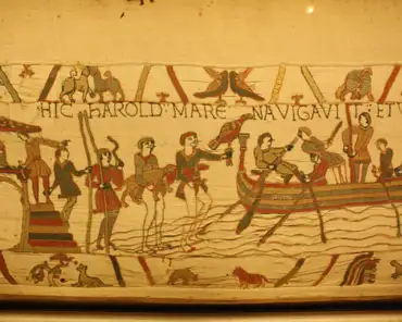 IMG_8870 Scene from the tapestry. Harold boards to Normandie to meet his cousin William and tell him he was chosen by Edward as the next King of England.