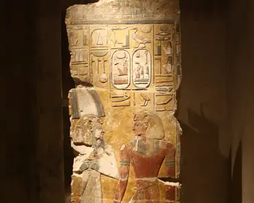 IMG_6361 Fragment of a pillar: king Seti I in front of god Osiris, ca. 1290 BC, limestone.
