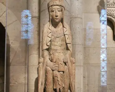 P1080089 Enthroned virgin and child, birch with paint and glass, near Autun, Burgundy, France, ca. 1130-1140.